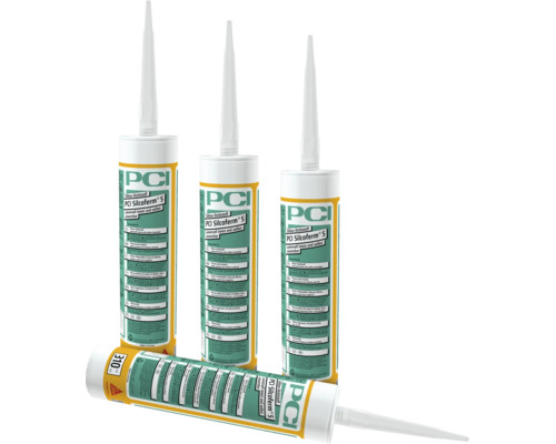 Trois cartouches verticales et une cartouche horizontale de mastic silicone PCI Silcoferm S pour intérieur et extérieur