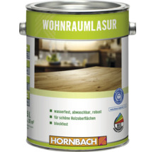 Un pot de 5 litres de lasure d'intérieur Hornbach pour surfaces en bois, imperméable, lavable, robuste et non collante avec le label Blauer Engel.