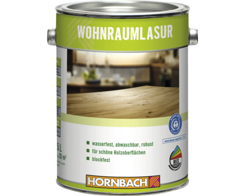Un pot de 5 litres de lasure d'intérieur Hornbach pour surfaces en bois, imperméable, lavable, robuste et non collante avec le label Blauer Engel.