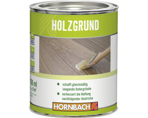 Dose mit Hornbach Holzgrundierung zum Streichen von Holzoberflächen für gleichmäßig saugende Untergründe und bessere Haftung.