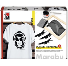 Kit de sérigraphie Marabu pour textiles avec encre, cadre en bois, raclette et pochoirs pour personnaliser des t-shirts.