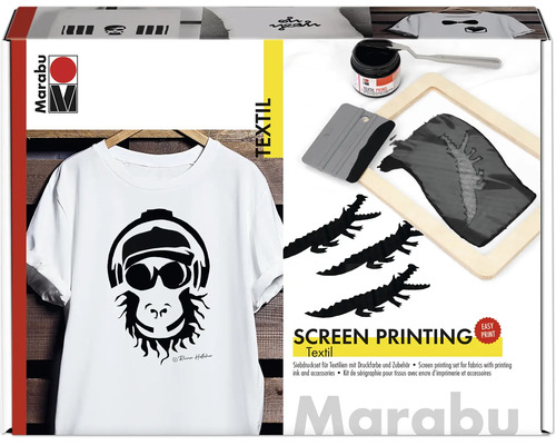 Kit de sérigraphie Marabu pour textiles avec encre, cadre en bois, raclette et pochoirs pour personnaliser des t-shirts.