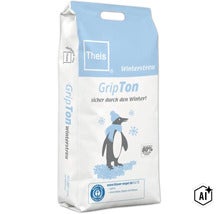 Grains de déglaçage Theis GripTon en sac de 40 litres avec 20 kilogrammes de contenu et label environnemental Ange bleu. (Image AI modified or generated)