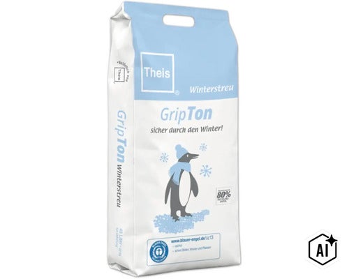 Grains de déglaçage Theis GripTon en sac de 40 litres avec 20 kilogrammes de contenu et label environnemental Ange bleu. (Image AI modified or generated)