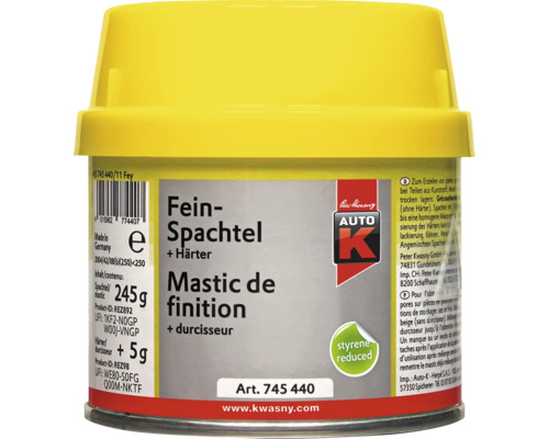 Dose Auto K Feinspachtel mit Haerter, Inhalt 245 Gramm Spachtel und 5 Gramm Haerter, fuer Reparaturen an Kunststoff und Metall.