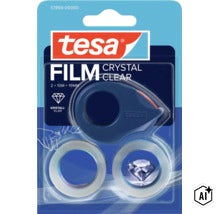 Ruban adhésif Tesa Film Crystal Clear avec dévidoir, deux rouleaux de 10 mètres de long et 19 millimètres de large dans un emballage blister. (Image AI modified or generated)