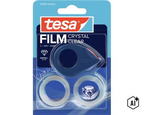 Ruban adhésif Tesa Film Crystal Clear avec dévidoir, deux rouleaux de 10 mètres de long et 19 millimètres de large dans un emballage blister. (Image AI modified or generated)