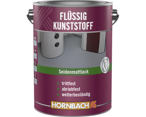 Un pot de peinture Hornbach plastique liquide satiné, adapté pour les revêtements de sol résistants au piétinement, à l'abrasion et aux intempéries.