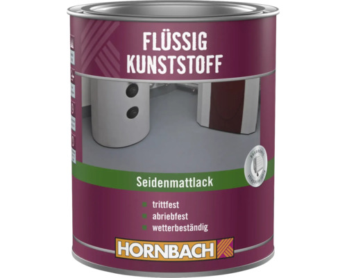 Pot de peinture Hornbach plastique liquide satiné, résistant à l'usure, aux piétinements, à l'abrasion et aux intempéries, pour sols.