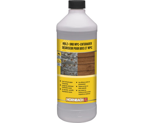 HORNBACH Holz- und WPC-Entgrauer zum Auffrischen von vergrauten Oberflächen im Außenbereich in einer Flasche mit Verschlusskappe.