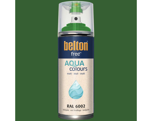 Peinture en aérosol Belton free Aqua Colours vert feuillage RAL 6002 avec une finition mate.