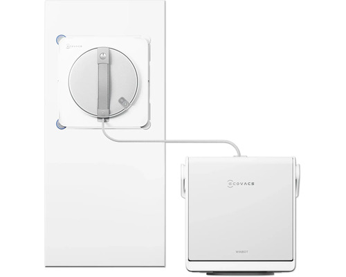 Robot laveur de vitres Ecovacs Winbot avec station de nettoyage et câble de connexion.