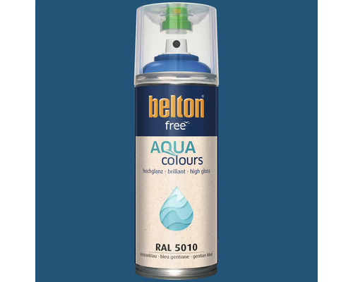 Bombe de peinture Belton free Aqua Colours bleu gentiane RAL 5010 avec finition brillante.