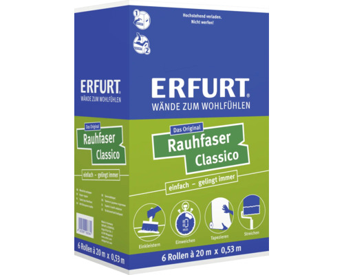 Papier peint Erfurt Rauhfaser Classico, 6 rouleaux de 20 mètres par 0,53 mètre, avec instructions pour encoller, tremper, tapisser et peindre.