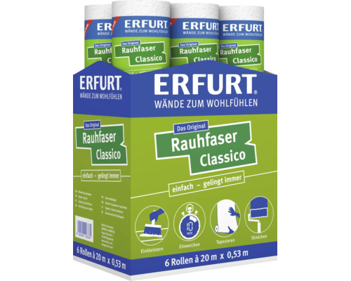 Papier peint Erfurt Rauhfaser Classico dans un carton contenant 6 rouleaux de 20 mètres de long et 0,53 mètre de large chacun.