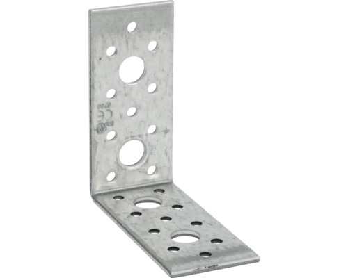 Winkelverbinder aus verzinktem Stahl mit zahlreichen Lochungen für Holzverbindungen.