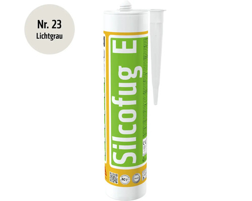 Mastic silicone Silcofug E de couleur gris clair en cartouche avec embout doseur inclus.