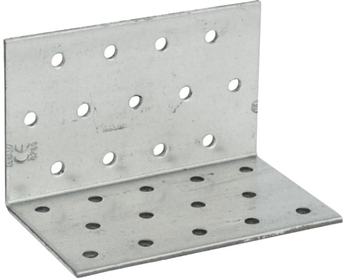 Winkelverbinder aus Stahl mit vielen Bohrungen zur stabilen Holzverbindung bei Konstruktionen