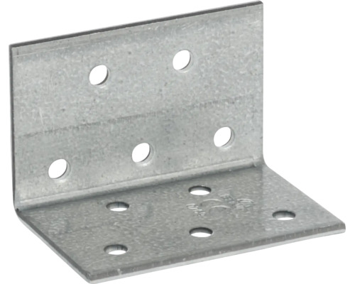 Ein verzinkter Winkelverbinder aus Stahl mit zahlreichen Bohrungen für eine stabile Holzverbindung.