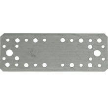 Rechteckiger Lochplattenverbinder aus verzinktem Stahl mit verschiedenen Lochgrößen zur Holzverbindung.