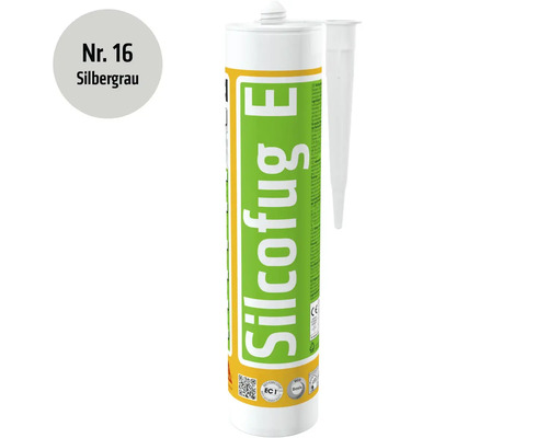 Cartouche de mastic silicone Silcofug E gris argent avec embout pour le scellement des joints.
