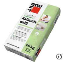 Enduit a la chaux blanc Baumit Kalkin sac de 25 kilogrammes pour utilisation en interieur. (Image AI modified or generated)