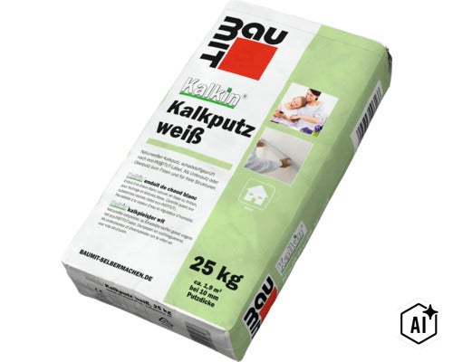 Enduit a la chaux blanc Baumit Kalkin sac de 25 kilogrammes pour utilisation en interieur. (Image AI modified or generated)