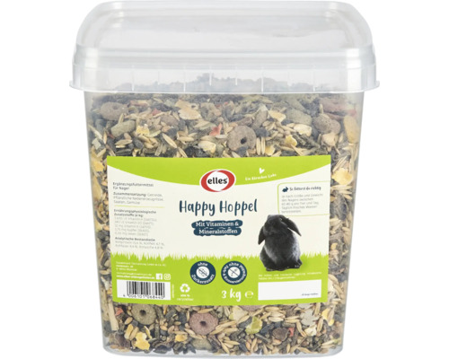 Aliment pour rongeurs Elles Happy Hoppel avec vitamines et minéraux, boîte de 3 kilogrammes, aliment complémentaire pour lapins.