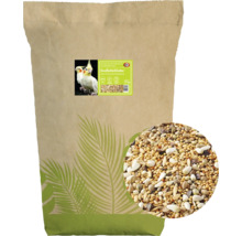 Sac en papier contenant 15 kilogrammes de nourriture pour grandes perruches sans graines de tournesol avec illustration de calopsittes.