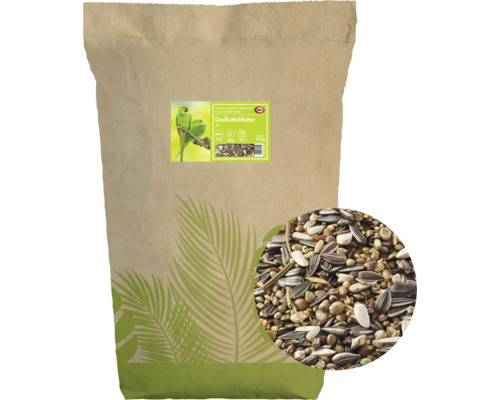 Papiersack mit 15 Kilogramm Großsittichfutter als Ergänzungsfuttermittel für Vögel.