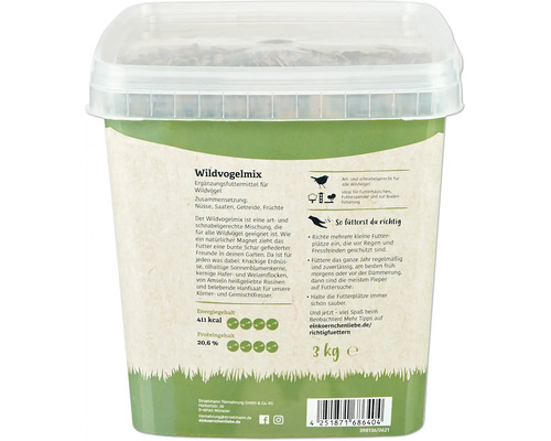 Wildvogelmix Ergänzungsfuttermittel 3 Kilogramm Eimer zur Wildvogelfütterung mit Nüssen, Saaten, Getreide und Früchten.