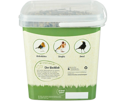 Kunststoffeimer mit Vogelfutter und Abbildungen von Rotkehlchen Stieglitz und Amsel