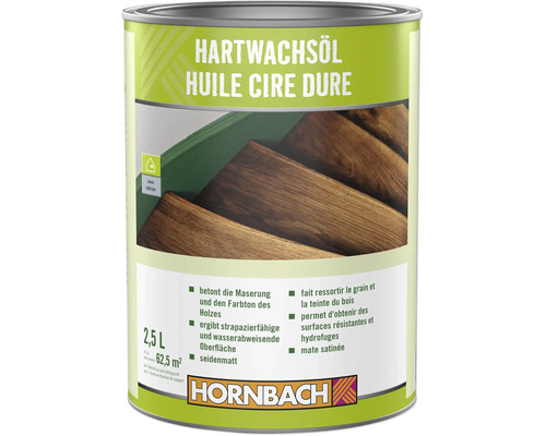 Dose Hornbach Hartwachsöl für den Innenbereich, seidenmatt, schützt und betont die Holzmaserung, 2,5 Liter Gebinde. Dose Hornbach Hartwachsöl für den Innenbereich, seidenmatt, schützt und betont die Holzmaserung, 2,5 Liter Gebinde.