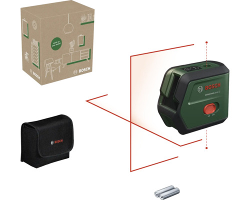Laser croix Bosch UniversalLevel 2 avec sac de protection, piles et emballage produit