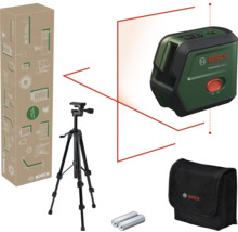 Laser croix Bosch UniversalLevel 2 avec trépied, sac et piles dans son emballage.
