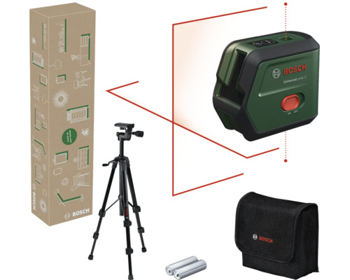 Laser croix Bosch UniversalLevel 2 avec trépied, sac et piles dans son emballage.