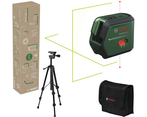 Bosch AdvancedLevel 2G Kreuzlinienlaser Set mit Stativ und Aufbewahrungstasche in der Produktverpackung