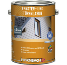 Eine Dose Hornbach Fenster- und Türenlasur mit 5 Jahren Langzeitschutz und Umweltsiegel Blauer Engel.