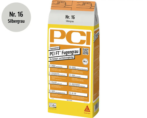 Mortier de jointoiement PCI FT en gris argent pour faïence et grès cérame, sac de 5 kilogrammes.