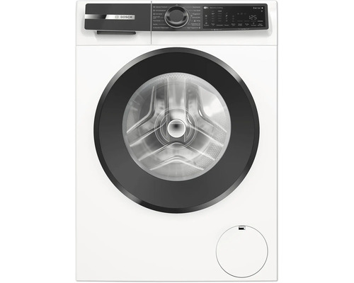 Lave-linge séchant Bosch Série 6 avec chargement frontal, affichage numérique et bouton rotatif pour la sélection des programmes.