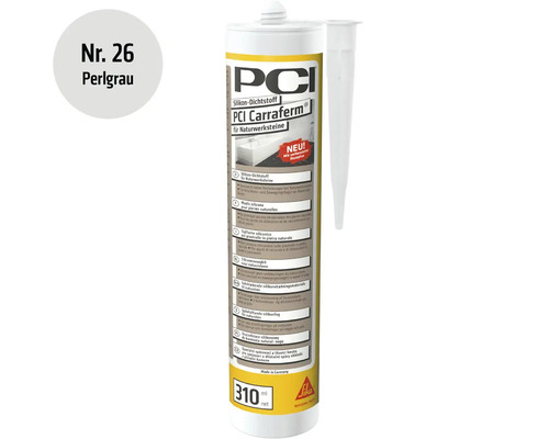Mastic silicone pour pierres naturelles PCI Carraferm en gris perle, cartouche de 310 millilitres avec embout.