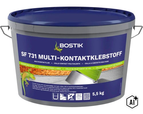 Colle contact polyvalente Bostik SF 731, seau de 5,5 kg pour le collage de revêtements de sol en liège, caoutchouc, PVC et textile. (Image AI modified or generated)