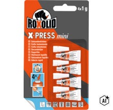 Vier Tuben Roxolid X-Press Mini Sekundenkleber zu je ein Gramm in einer Blisterverpackung. (Image AI modified or generated)