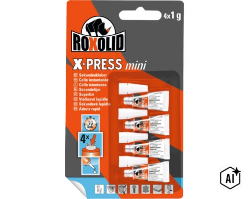 Vier Tuben Roxolid X-Press Mini Sekundenkleber zu je ein Gramm in einer Blisterverpackung. (Image AI modified or generated)