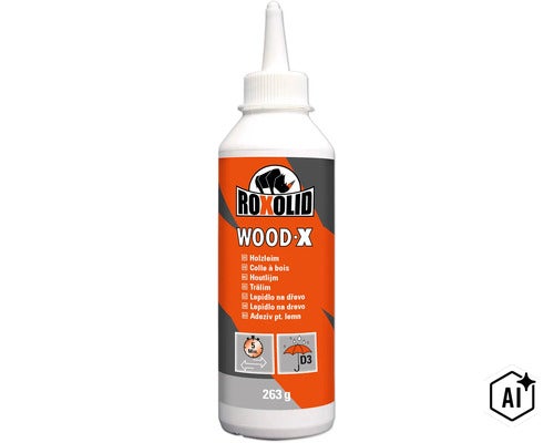 Colle à bois Roxolid Wood-X en flacon de 263 grammes avec embout applicateur, résistante à l'eau selon la norme D3, temps de prise 5 minutes. (Image AI modified or generated)