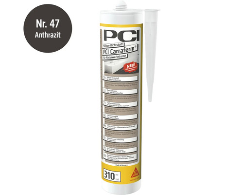 Mastic silicone PCI Carraferm pour pierres naturelles couleur anthracite, cartouche de 310 millilitres avec embout.