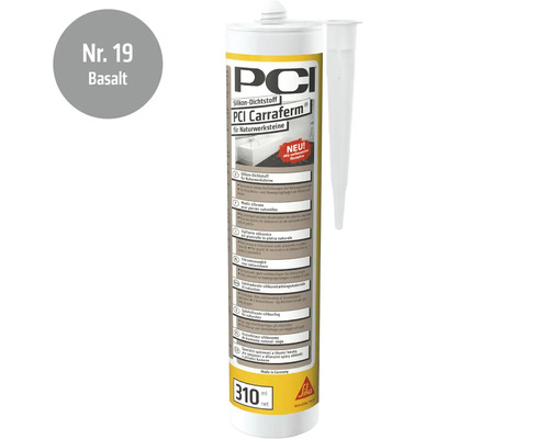 Mastic silicone PCI Carraferm pour pierres naturelles couleur basalte en cartouche de 310 millilitres avec embout applicateur.