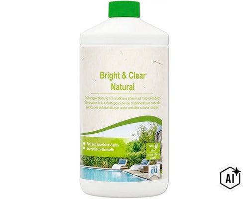 Flacon Bright and Clear Natural pour l élimination des troubles pour une eau de piscine cristalline à base naturelle sans sels d aluminium. (Image AI modified or generated)