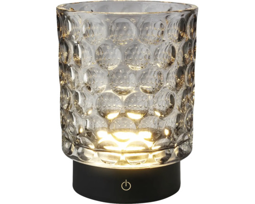 Lampe de table LED avec corps en verre cylindrique à l'aspect structuré et base noire avec interrupteur tactile