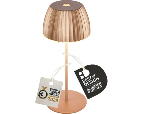 Lampe sans fil moderne avec abat-jour plissé et distinctions German Design Award Winner 2025 et Best of Design Schöner Wohnen.